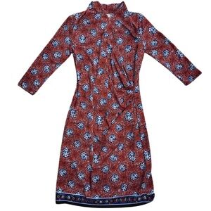 Max Studio Rust Floral Faux Wrap-Style Midi Dress with Blue Accents and Stretch.